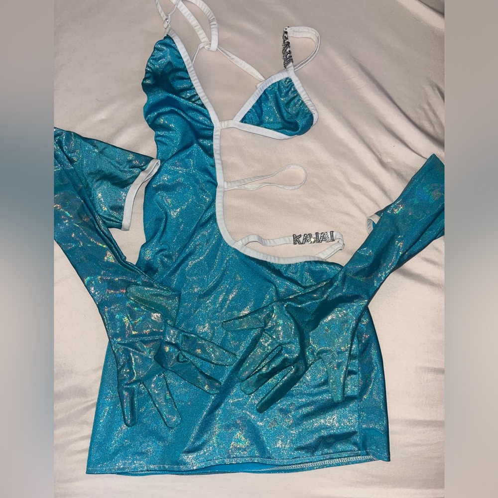 Shay Kawaii “the purple flame dress” in liquid turquoise